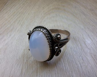 Vintage Natural Moonstone Melchior Ring, Size 9 US 59 EU,Light blue color, Lady jewelry