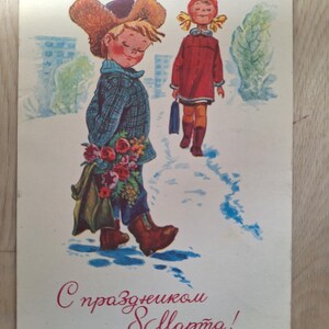 Schulkinder Zarubin nicht verwendete Postkarten, Junge und Mädchen erste Liebe, russische Postkarten, Internationaler Frauentag, 8. März, UdSSR Grüße Tulpen