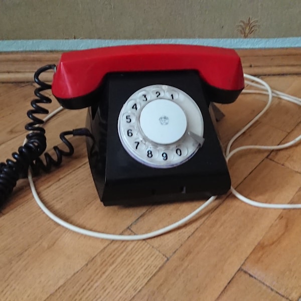 Soviet dial disc telephone, Desktop vintage phone, USSR rotary black and red phone, Home décor, Home landline phone, Soviet retro telephone