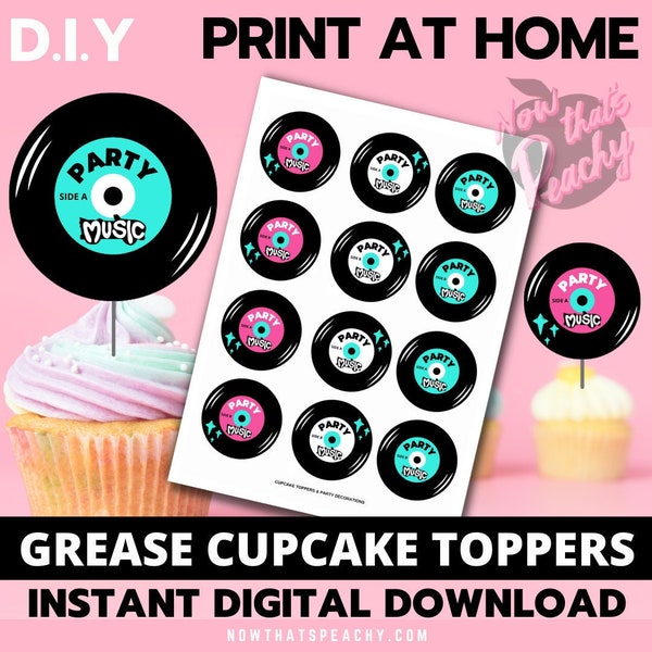 Vinyl Record Cupcake toppers PRINTABLE Greaser Rock'n'roll 50s Diner Sock Hop Retro 1950s labels Birthday centerpiece fifties Music circles