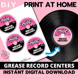 Greaser Vinyl Record center PRINTABLES 10' 12' Party decor Prop decoration label DIY 50s theme Birthday Bachelorette, Fifties Rock'n'Roll