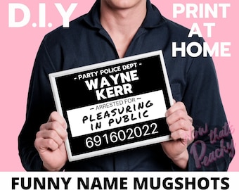 Grappige namen MUGSHOT Photo booth PRINTABLES Onbeleefde politie misdaad line-up partij teken Props Verjaardagsfeestjes photobooth instant download DIY evenement