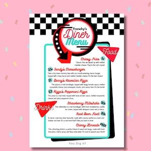 Personalized DINER 50's Food Menu Party PRINTABLE Rock'n'roll Sign Pop Soda Hop Retro 1950s poster Birthday fifties Bar decorations Digital