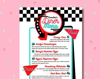 Personalized DINER 50's Food Menu Party PRINTABLE Rock'n'roll Sign Pop Soda Hop Retro 1950s poster Birthday fifties Bar decorations Digital