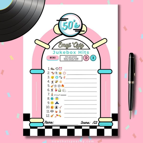 EMOJI chanson jeu de devinettes des années 1950 imprimable, pour le dîner Rock'n'roll jukebox musique hits rétro anniversaire fêtes des années 50