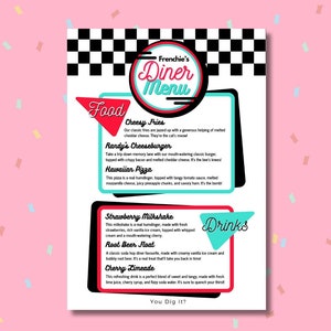 Może przedstawiać: Menu w stylu retro z czerwono-białym szachownicowym tłem. Menu zawiera różnorodne opcje jedzenia i napojów, w tym frytki z serem, Cheeseburger Randy'ego, Hawajską Pizzę, truskawkowy milkshake, Root Beer Float i wiśniową lemoniadę. Menu nosi tytuł "Frenchie's Diner Menu" i zawiera zdanie "You Dig It?"