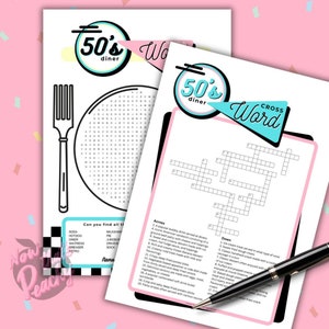 DINER 1950&#39;s Crossword Find a Word Game Party PRINTABLE, Activity for Rock&#39;n&#39;roll Sock Hop Retro Rocker 50s Birthday parties fifties events