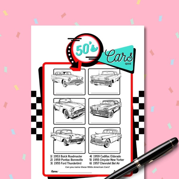 DINER 1950's Car Guessing Game Party PRINTABLE Rock'n'roll Sock hop Retro 50s Birthday fifties parties vintage automotive activity quiz