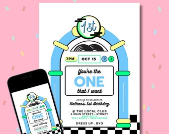1st Birthday Diner Blue Jukebox INVITE ONE 50s Rock'n'roll PRINTABLE Sock Hop Party Boy invitation Music Fifties 1950s Soda Rock Theme Canva