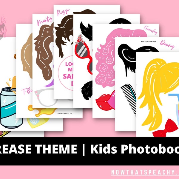 Greaser theme PG Photo booth PRINTABLES Props Pink Girls themed for Birthdays Pamper Glam Childs Parties Rock'n'Roll 50s diner Kids party