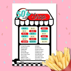 Red DINER 1950&#39;s Shop Price Guessing Game Party PRINTABLE, for Rock&#39;n&#39;roll Soda Hop Retro 50s Birthday Quiz fifties parties Digital Download