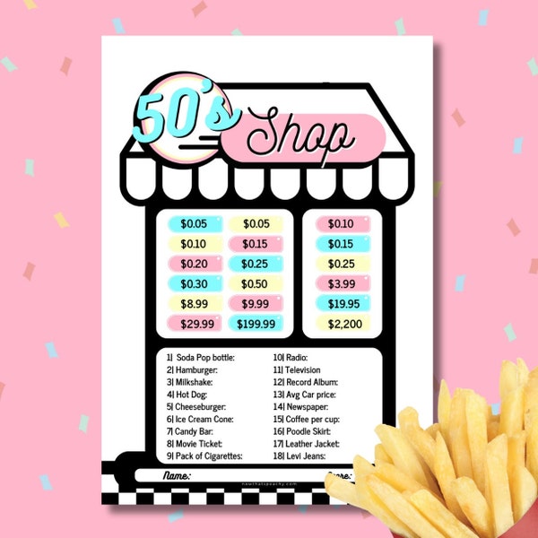 DINER 1950's Shop Price Guessing Game Party PRINTABLE, for Rock'n'roll Soda Pop Retro 50s Birthday fifties parties