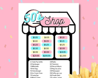 DINER 1950's Shop Price Guessing Game Party PRINTABLE, for Rock'n'roll Soda Pop Retro 50s Birthday fifties parties