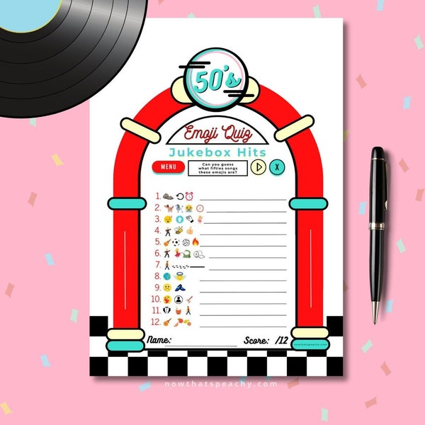 Red 1950's EMOJI Song Jukebox Guessing Game Party PRINTABLE, for Diner Rock'n'roll Music Hits Retro Birthday fifties parties Quiz Digital