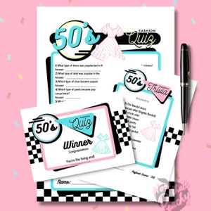 1950&#39;s Fashion Trivia Quiz Game Party PRINTABLE Diner Sock Hop Retro 50s Birthday fifties parties DIY Instant Digital Download print off