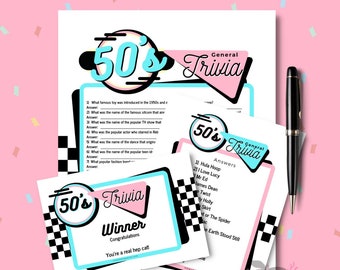 DINER 1950&#39;s Trivia Quiz Game Party PRINTABLE, for Rock&#39;n&#39;roll Soda Pop Retro 50s Birthday fifties parties & events Instant Digital Download