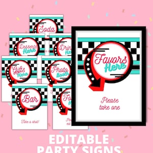 May include: Editable party signs with a retro 50s theme. The signs feature a black and white checkered pattern with red and blue accents. The signs say "Desserts Here", "Gifts Here", "Bar", "Soda", "Drinks Here", "Photo Booth", "Favors Here", and "Take a shot!"