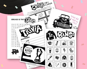 Paquete de cuestionarios de juegos de películas Greaser de los años 50 IMPRIMIBLE 18+ Bingo Trivia Charade Búsqueda de palabras Rock'n'roll Diner Party Descarga instantánea Cumpleaños Cincuenta