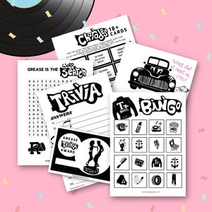 50s Greaser Movie Game Quiz Bundle IMPRIMÍVEL 18+ Bingo Trivia Charade Word Search Rock'n'roll Diner Party Download instantâneo Aniversário Fifties