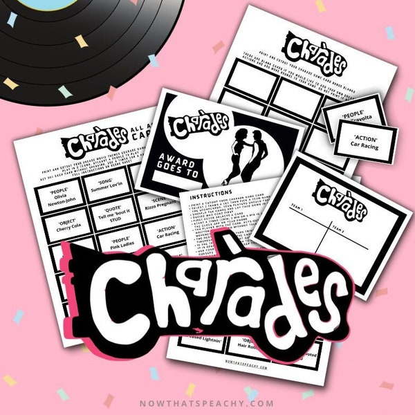 Greaser Theme Charades Game PRINTABLE, Rocker Birthday Party Fifties 1950s Digital print off card games All Age fun movie theme games night