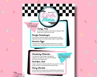 Custom DINER 50's Food Menu Party PRINTABLE, Rock'n'roll Soda Pop Retro 1950s poster Birthday fifties decorations