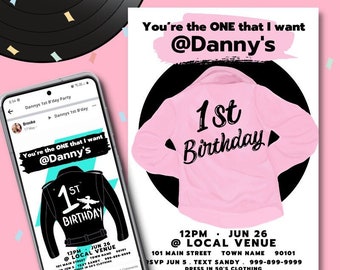 1st Birthday GREASER INVITE Rock'n'roll PRINTABLE Party One invitation Instant Download Fifties 1950s invites t birds pink ladies boy girl