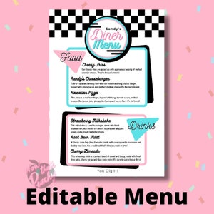 Custom DINER 50's Food Menu Party PRINTABLE, Rock'n'roll Soda Pop Retro 1950s poster Birthday fifties decorations