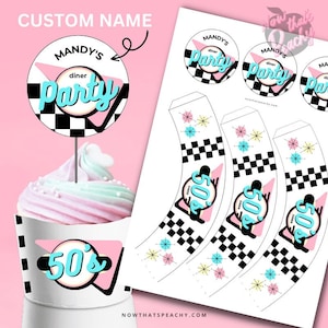 Custom DINER 50&#39;s Cupcake Wrapper Topper Party PRINTABLE, Rock&#39;n&#39;roll Sock Hop Retro 1950s Birthday editable decorations Personalized Name