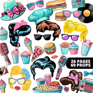 Photomaton à thème Diner des années 50, accessoires à imprimer sur le thème des chaussettes pour les fêtes d'anniversaire, fête des années 50 RocknRoll jukebox cupcake pizza hamburger