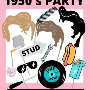 Rock&#39;n&#39;roll 1950s Themed Photobooth PROPS PRINTABLE Greaser Party Photobooth Instant Download Rocker Birthday Fifties tbirds movie Sock Hop