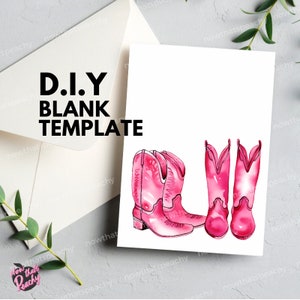 Op de afbeelding: DIY blanco sjabloon met een aquarel illustratie van twee roze cowboylaarzen.