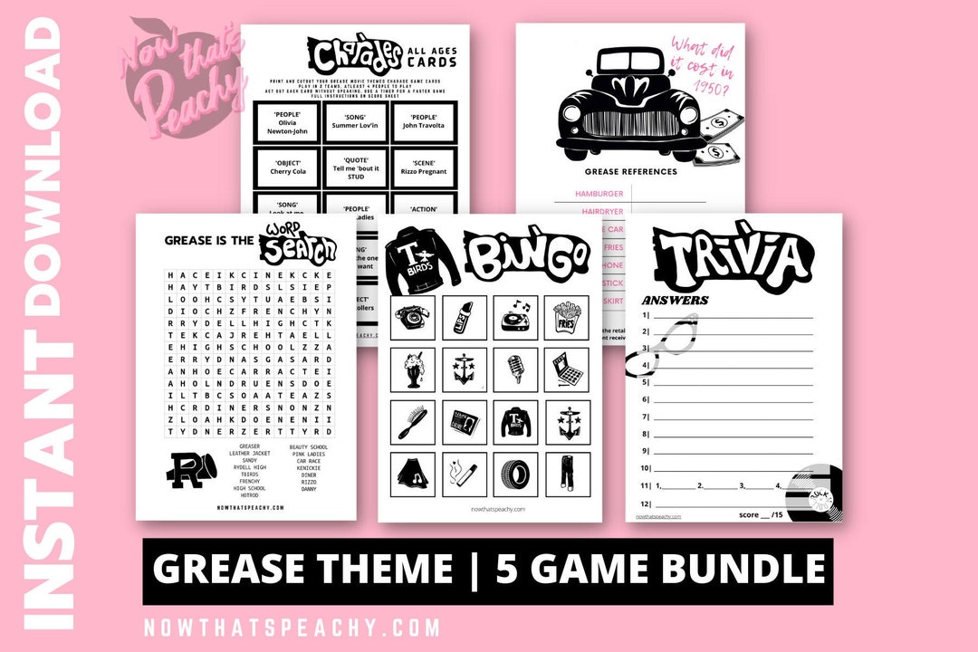 Greaser Themed Game PACK PRINTABLE. Rocker Diner Movie Party Instant