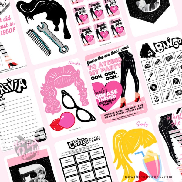 GREASER Party Bundle PRINTABLE Mega Pack, 1950s invitation bingo trivia games Pink Jacket Ladies Rocker photobooth activities Download