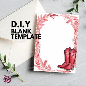 Op de afbeelding: Een printable DIY blanco sjabloon met een rode aquarel bloemenrand en een paar rode cowboylaarzen in de rechterbenedenhoek. De tekst "D.I.Y BLANK TEMPLATE" staat in zwarte tekst bovenaan de pagina.