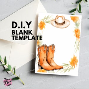 Vaquera sombrero botas acuarela invitación plantilla de fiesta en blanco, rústico personalizado occidental tarjeta de regalo de felicitación de cumpleaños DIY, tema del salvaje oeste despedidas de soltera