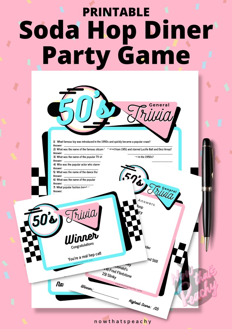 DINER 1950's Trivia Quiz Game Party PRINTABLE, for Rock'n'roll Soda Pop