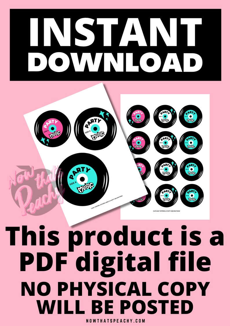 Vinyl Record Cupcake Toppers PRINTABLE Greaser Rock'n'roll 50s Diner