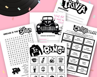 Greaser Themed Game PACK DRUCKBAR. Rocker Diner Film Party Sofort Download, Geburtstag Fifties 1950s Bingo Trivia Scharade Wortsuchrätsel