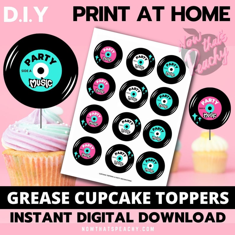 Vinyl Record Cupcake Toppers PRINTABLE Greaser Rock'n'roll 50s Diner