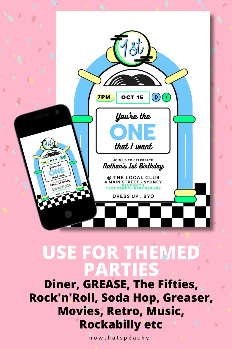 1st Birthday Diner Blue Jukebox INVITE ONE 50s Rock'n'roll PRINTABLE ...