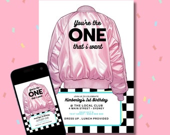 1st Birthday Diner Pink Jacket INVITE Rock'n'roll PRINTABLE Sock Hop Grease Party invitation Instant Download Fifties First Girl Theme CANVA