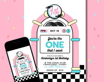 1st Birthday Diner Jukebox INVITE Rock'n'roll PRINTABLE Sock Hop Party invitation Instant Download Fifties 1950s Soda Pop Rock Theme CANVA