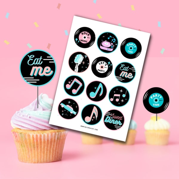 DINER Soda Pop 50's PRINTABLE Rock'n'roll cupcake toppers PDF Retro 1950s labels Greaser Inspired Birthday centerpiece fifties Music circles