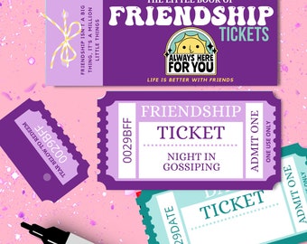 May include: Purple and teal friendship ticket with the text "Friendship Ticket" and "Night in Gossiping". The ticket has a tear-off section with the text "Admit One" and "One Use Only".