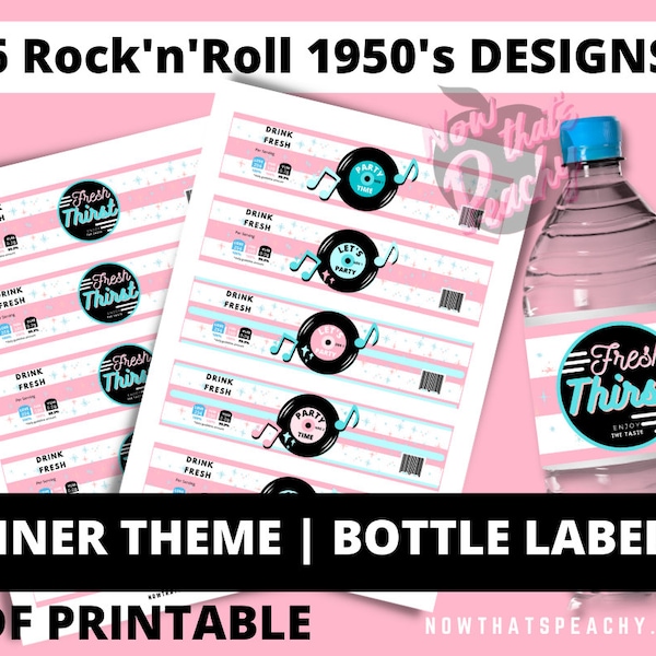 DINER 50's Drink Water Bottle LABELS PRINTABLE Rock'n'roll  Sock hop Retro 1950s labels Greaser Inspired Birthday Favor treat Diy fifties