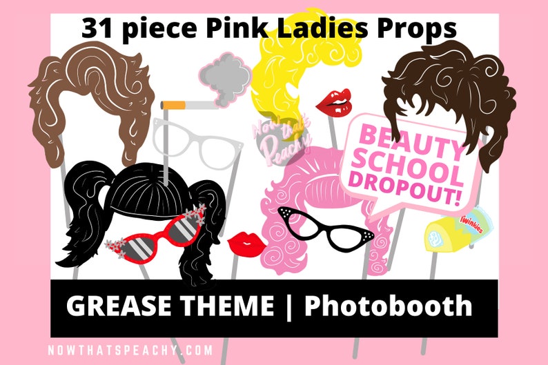 Greaser theme Photo booth PRINTABLES Props Pink Ladies themed for Birthdays Bachelorette Hens Parties Ladies Nights Fifties