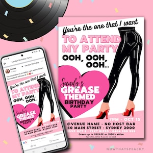 Greaser INVITE Rock&#39;n&#39;roll PRINTABLE Party invitation Instant Download, Birthday Fifties 1950s invites, Rock Bachelorette Hen CANVA template