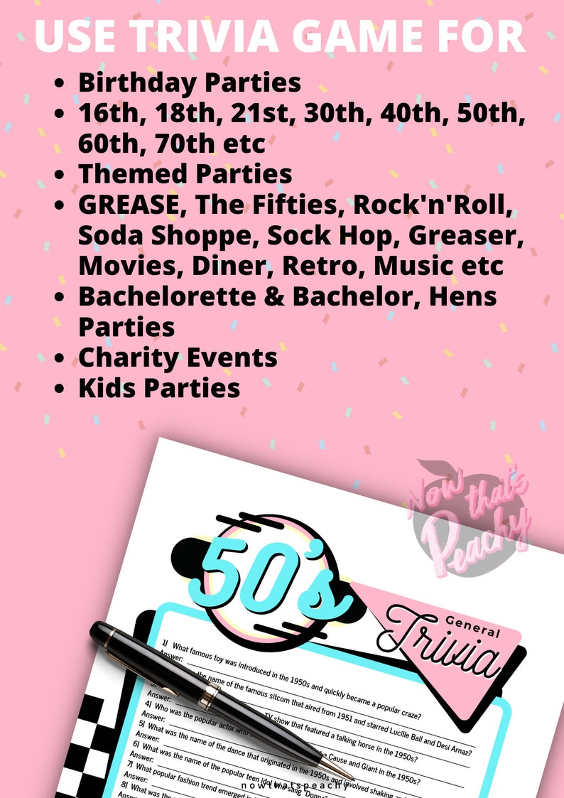 DINER 1950's Trivia Quiz Game Party PRINTABLE, for Rock'n'roll Soda Pop