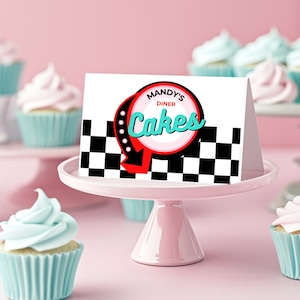 Bearbeitbares DINER Rotes Zelt Karten Vorlage 50er Jahre Party DRUCKBAR Rocknroll Sock Hop Food Buffet Retro 50er Geburtstag Dessert Tisch Fifties decor