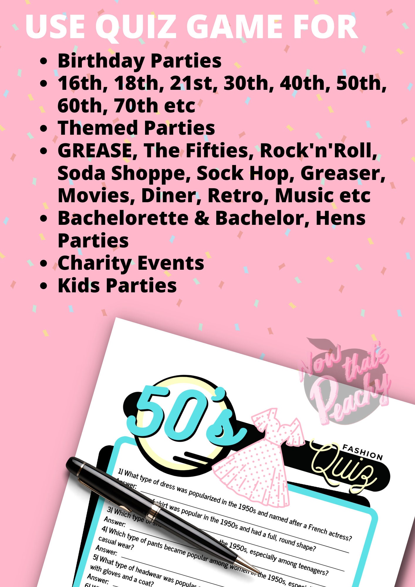 1950's Fashion Trivia Quiz Game Party PRINTABLE Diner Sock Hop Retro